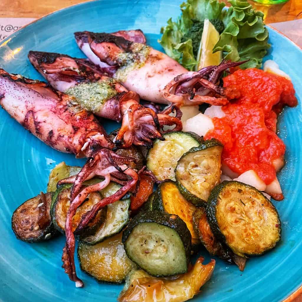 Family Friendly food in Croatia: octopus and roasted vegetables