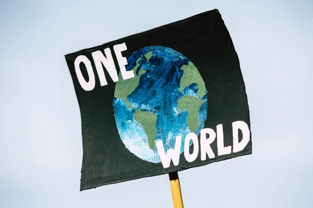 Flag with a picture of the world on it and saying 'one world'