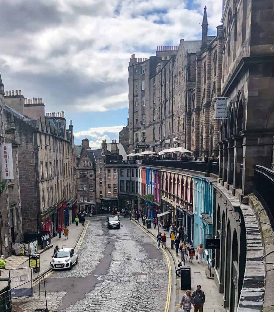 View of one of Edinburgh's most colourful streets