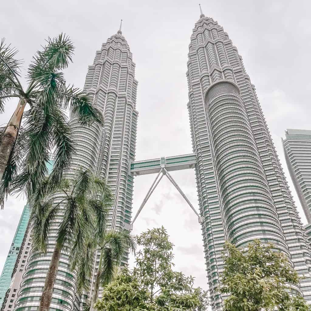 The Petronas Towers during the day with palm trees in front of them