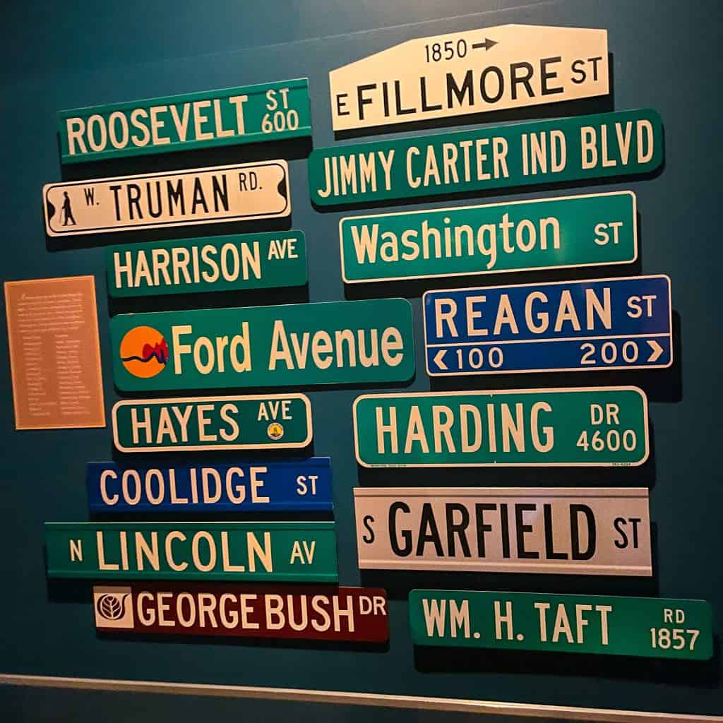 Street signs with presidents names in the National Museum of American History