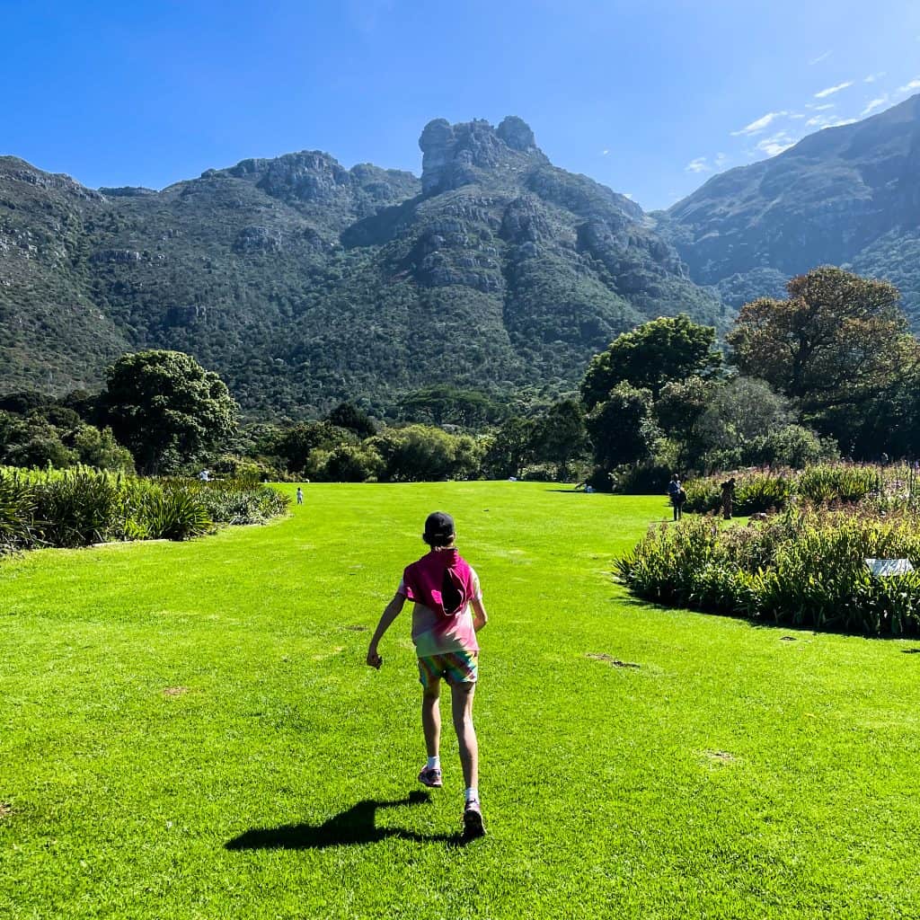 Child running on the grass with mountains in the background