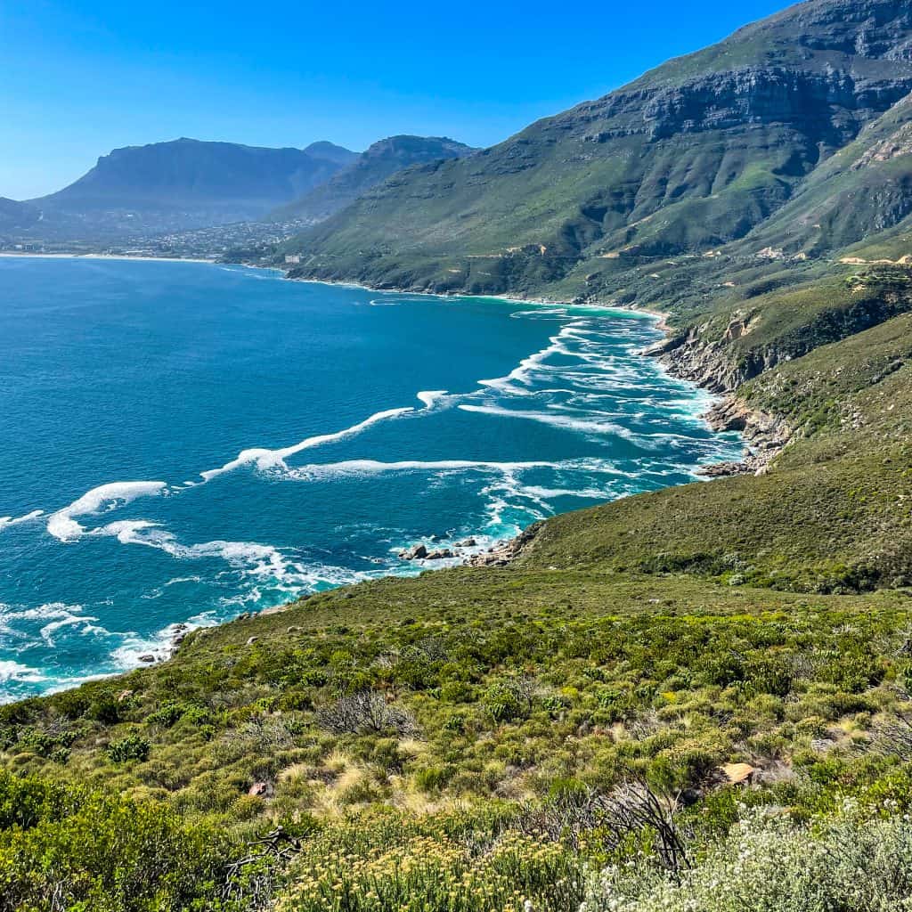 View of the mountains and ocean from Chapmans Peak in Cape Town