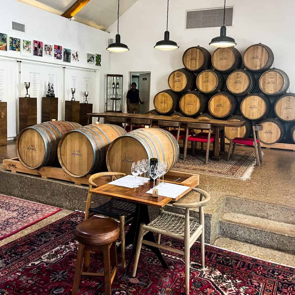 Barrels in wine cellar at Spier Wine Farm in Stellenbosch