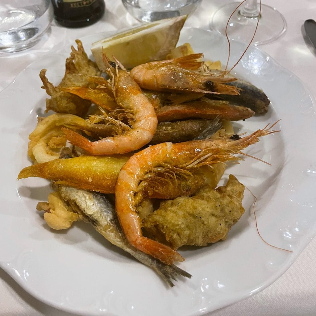 Fried seafood on a white plate