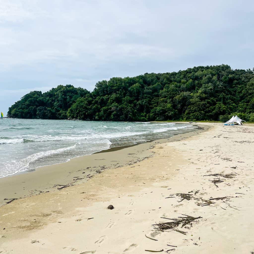 Beach resort Borneo: sand, sea and green forest beyond