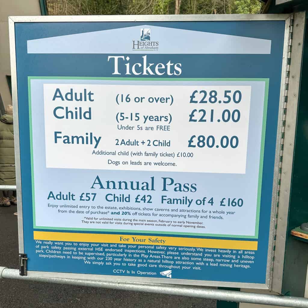 Ticket prices for the Heights of Abraham