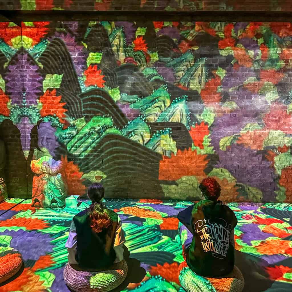 Two teens looking at immersive media art exhibition 
