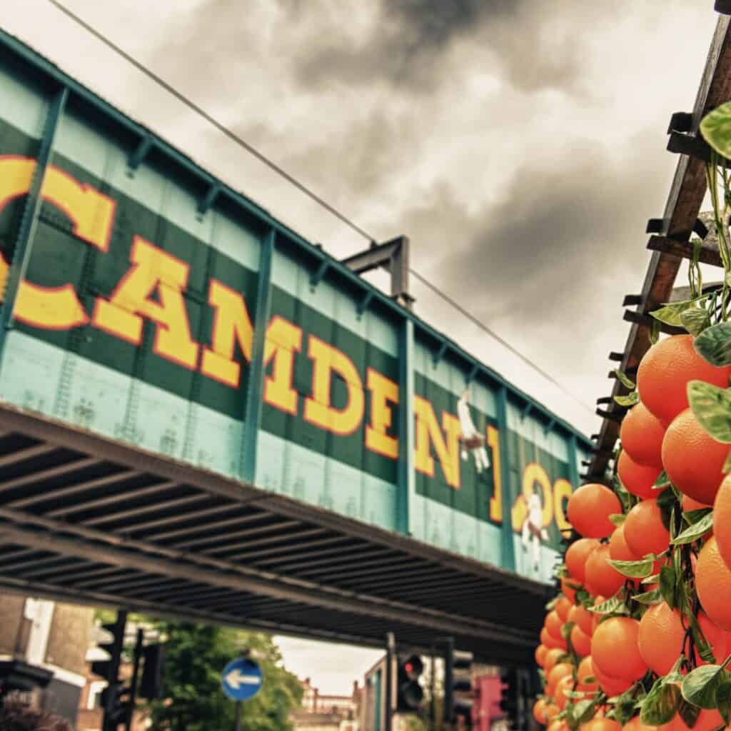 Camden Lock Bridge with oranges in the foreground