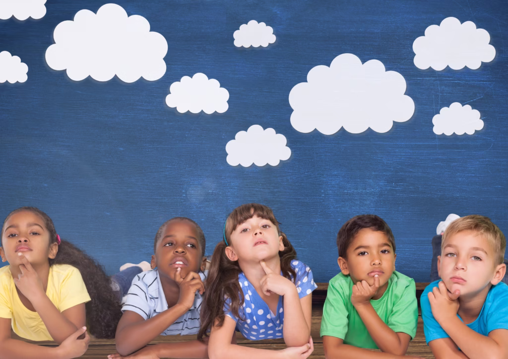 Five children lying on the ground with a blue background and thought bubbles above their heads