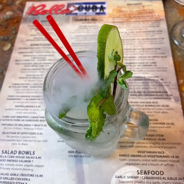 Cocktail with mint and cucumber and menu