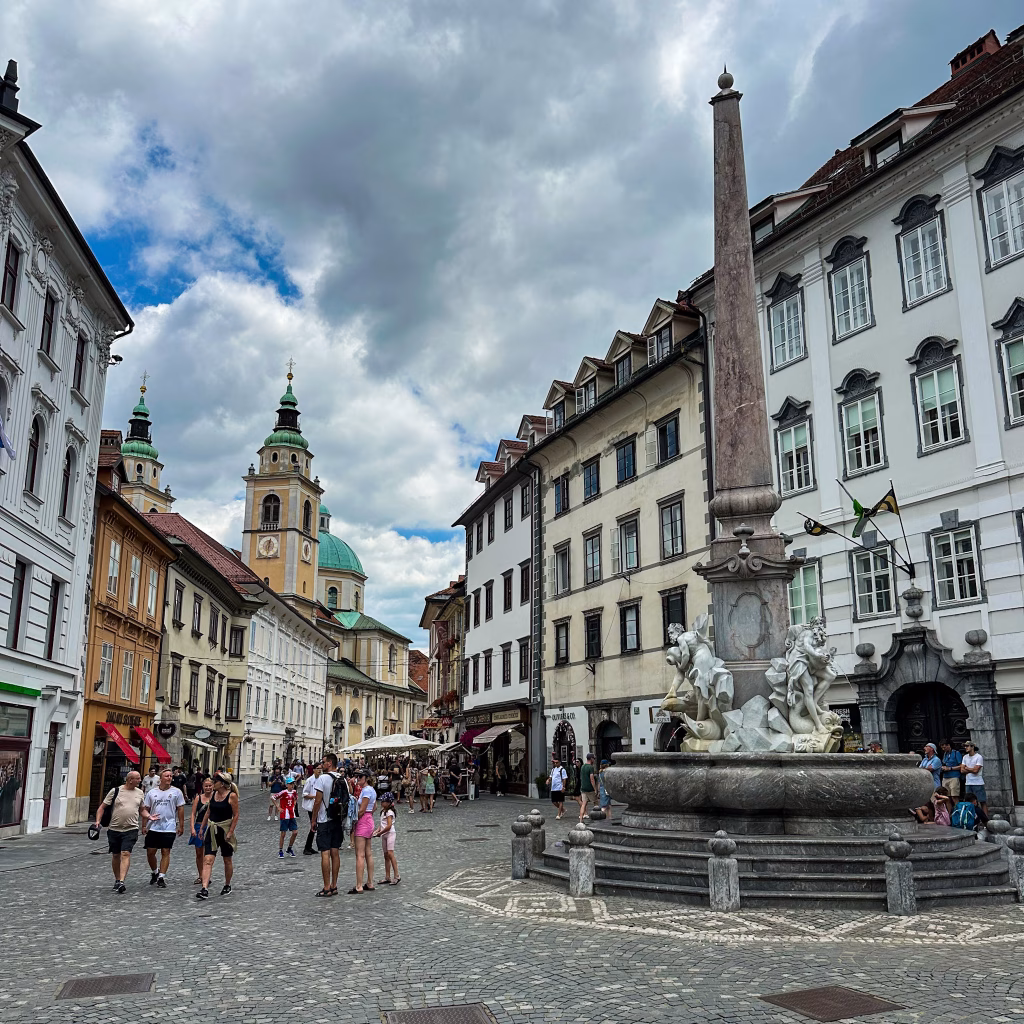 Buildings in Ljubljana city centre with a cloudy sky