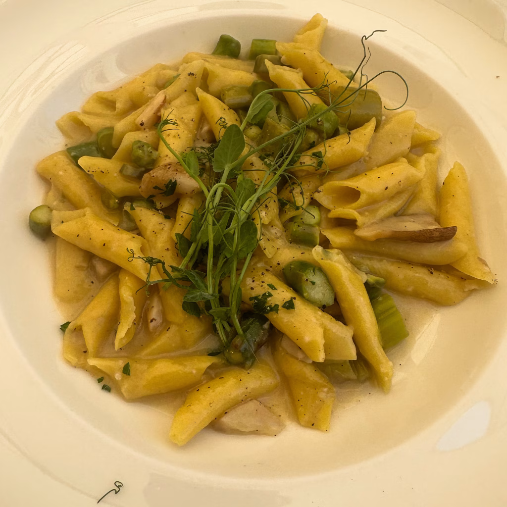 White dish with pasta with porcini mushrooms and asparagus